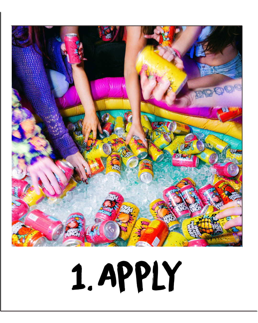 A group of people around a colorful inflatable pool filled with ice, holding and pouring cans of Pop Rocks soda. The image has a white border with the text '1.