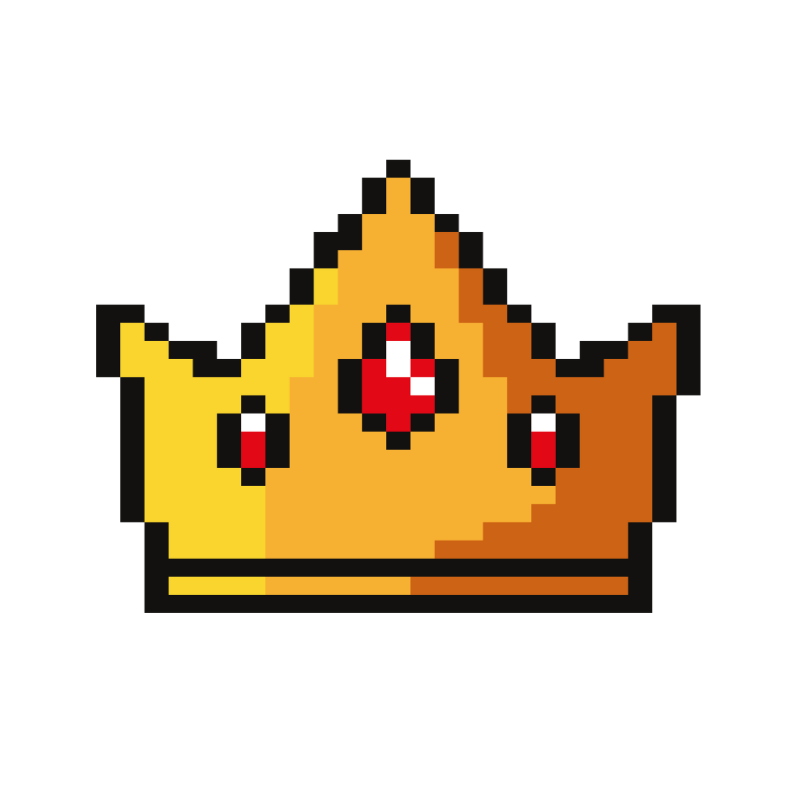 Pixel art illustration of a golden crown with red gemstones on a plain white background.