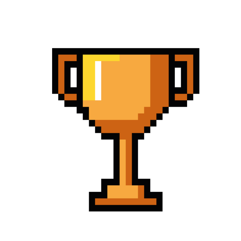 Pixel art trophy cup icon in gold, orange, brown, and black on a plain white background.