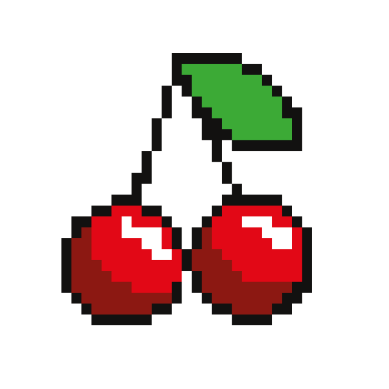Pixel art illustration of two red cherries with a green leaf and black stems on a plain white background.