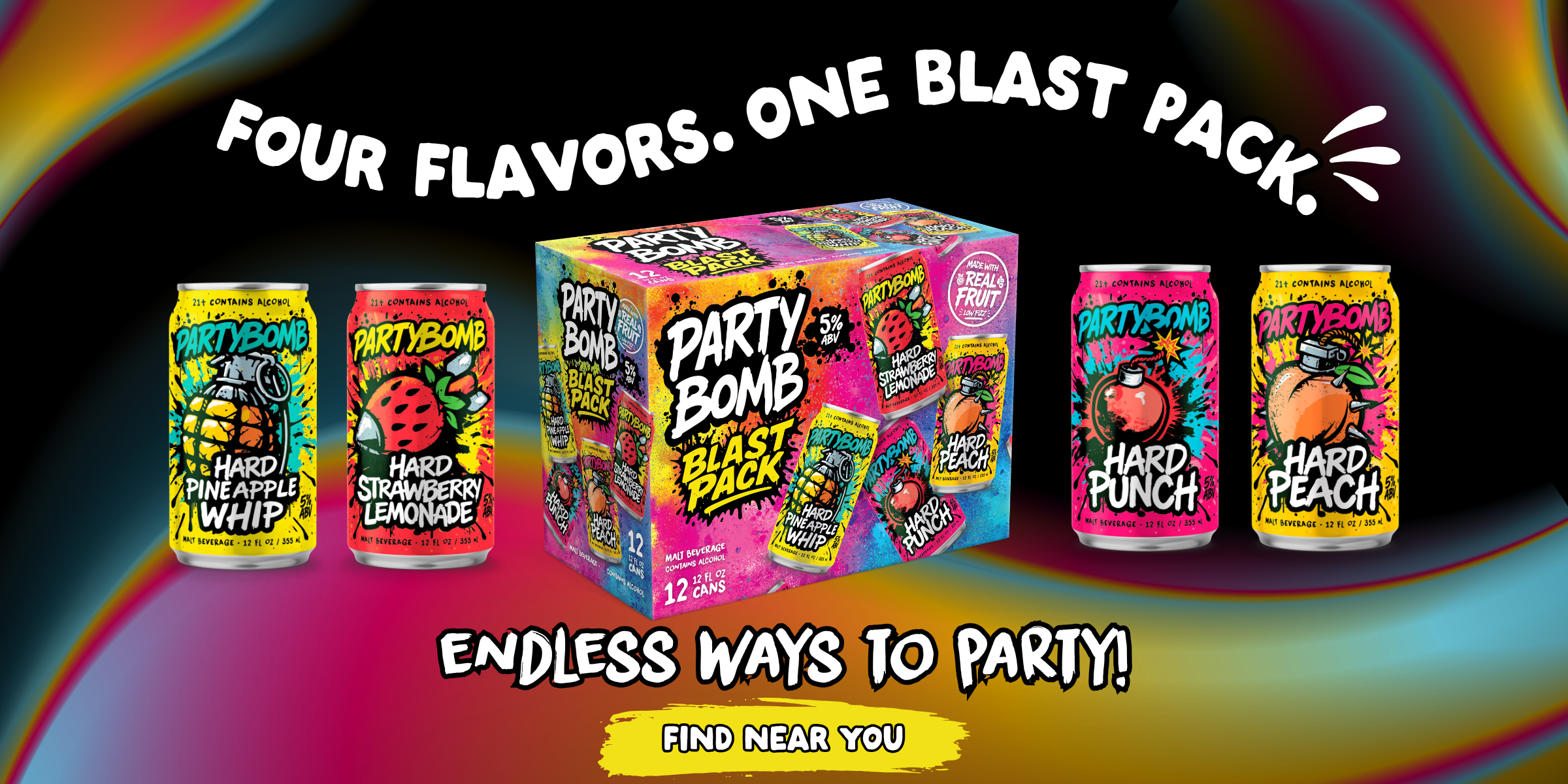 Party Bomb Blast Pack promotional graphic showing four colorful beverage cans and a matching box, with text reading 'FOUR FLAVORS. ONE BLAST PACK.