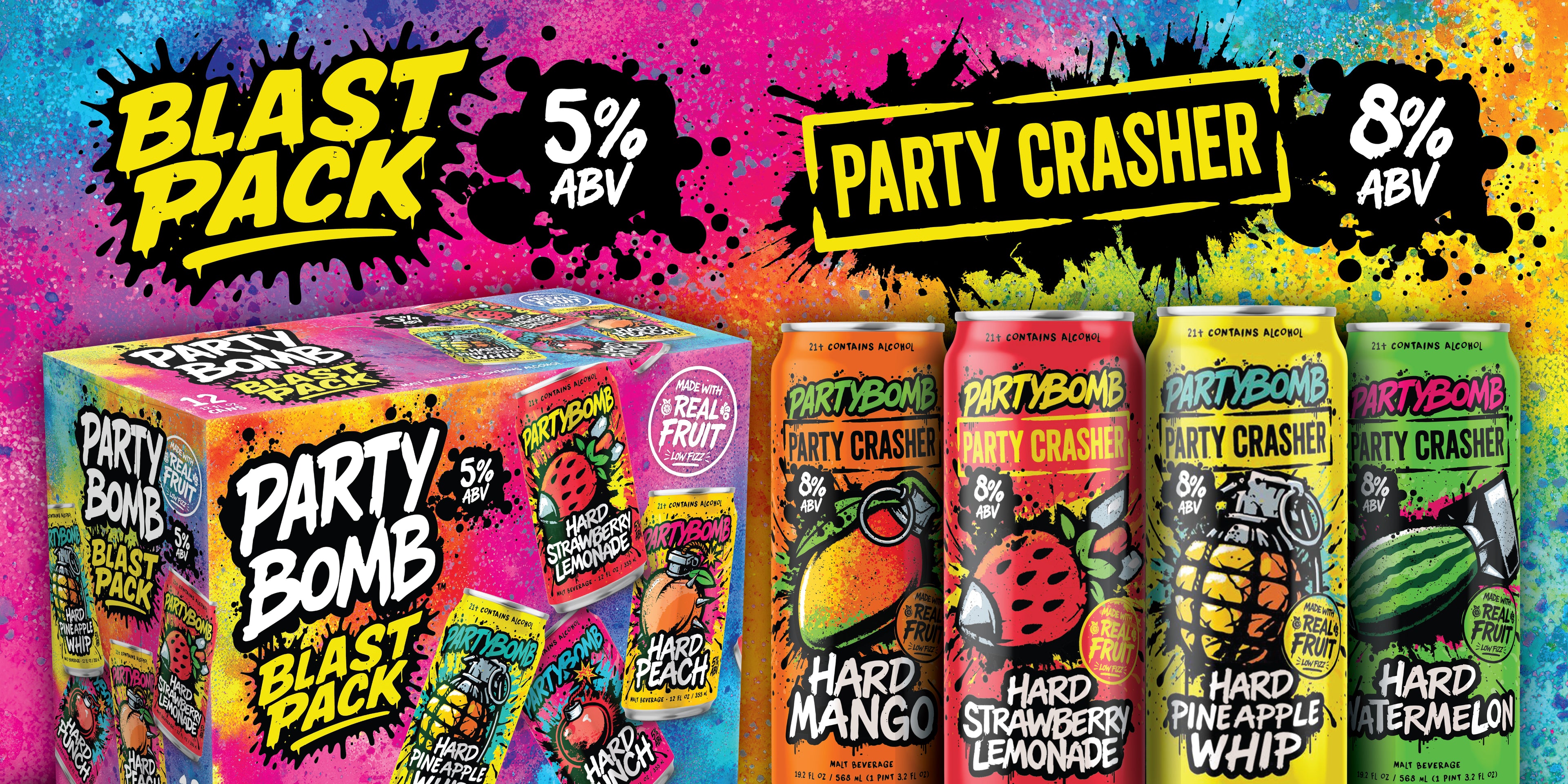 Party Crasher blast pack-5% or 8% ABV; colorful boxed 12-pack and 4 individual cans with bright labels, color splashes behind