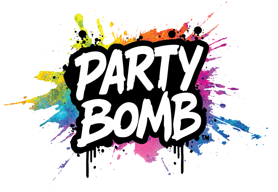Colorful 'Party Bomb' logo with splashes on a white background