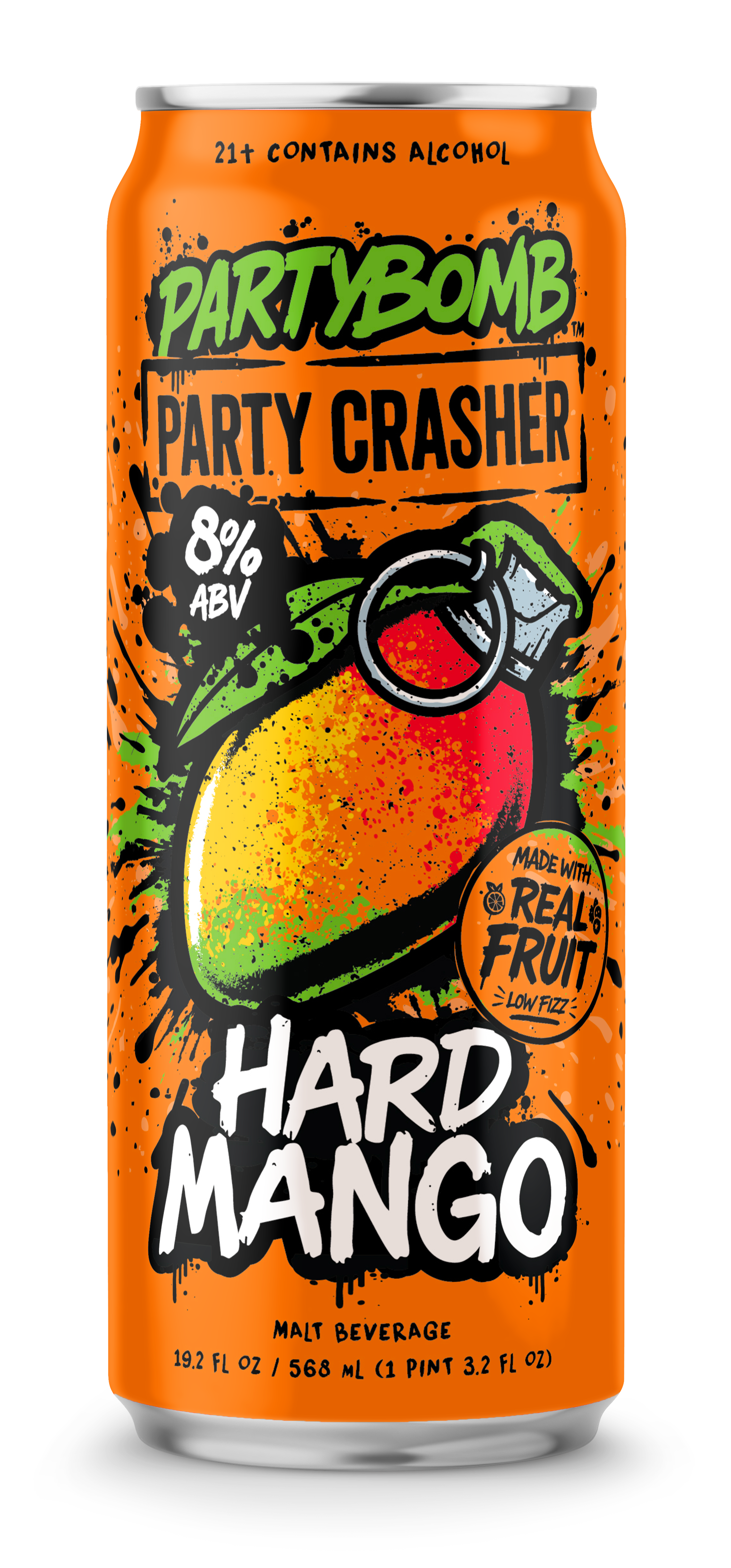 An orange aluminum can of Party Bomb Party Crasher Hard Mango malt beverage, featuring a graphic of a mango and grenade on the label, set against a plain white background.