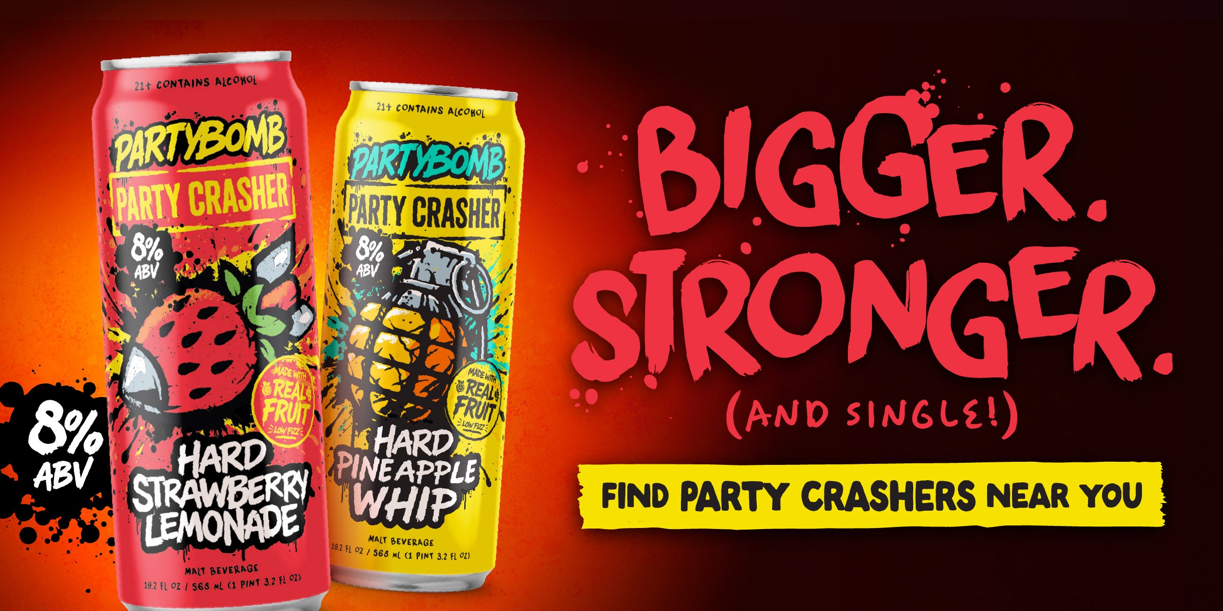 Two Party Bomb hard seltzer cans on a red background with promotional text.