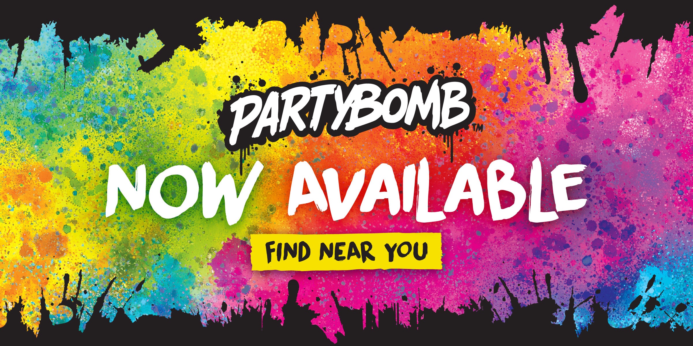Colorful splatter design with 'Partybomb Now Available' text on a black background