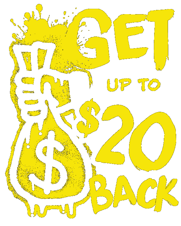 Promotional graphic with yellow text 'Get up to $20 back' and a money bag icon that links to our grocery rebate offer.