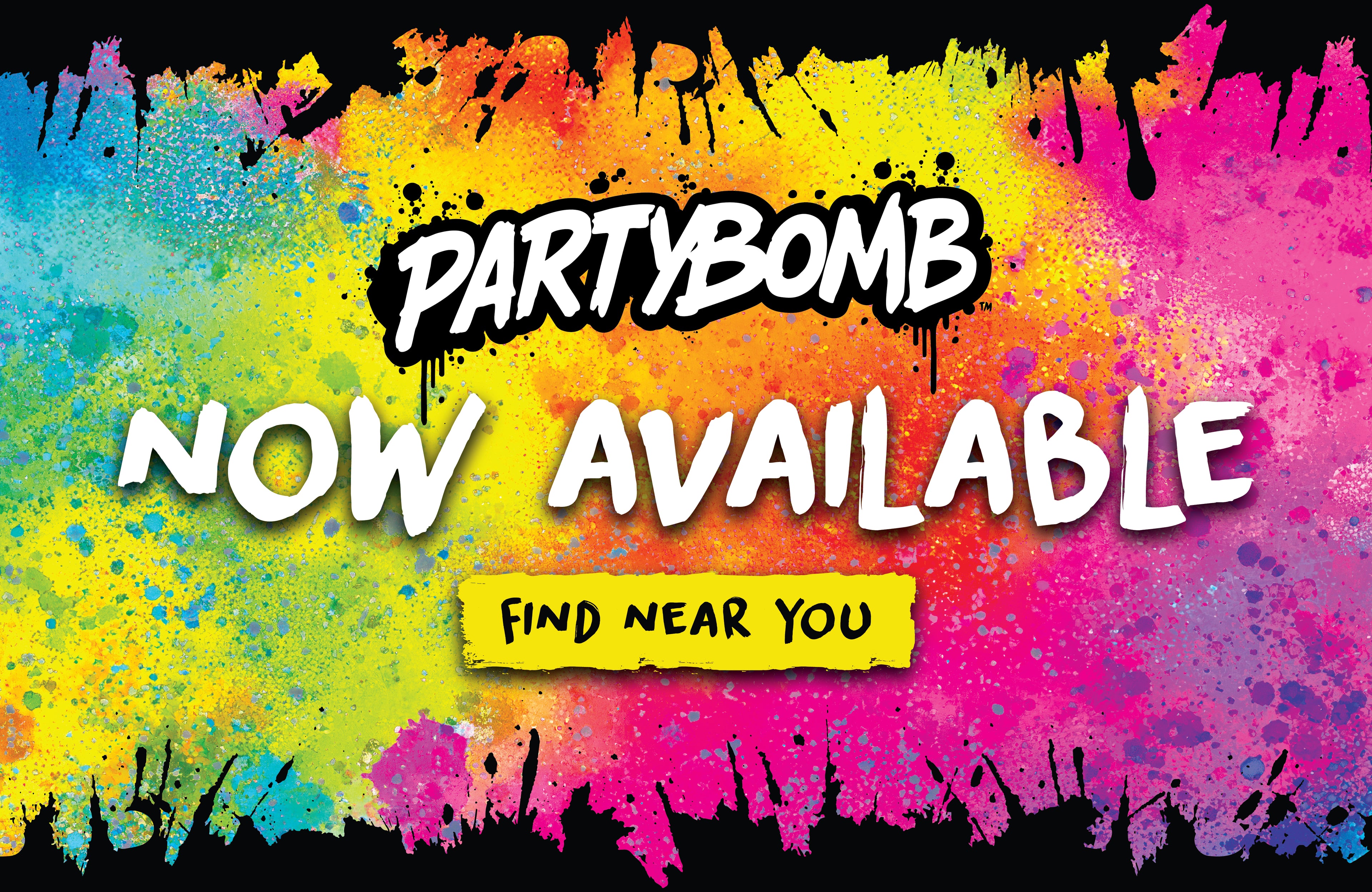 Colorful splatter design with 'Partybomb Now Available' text on a black background
