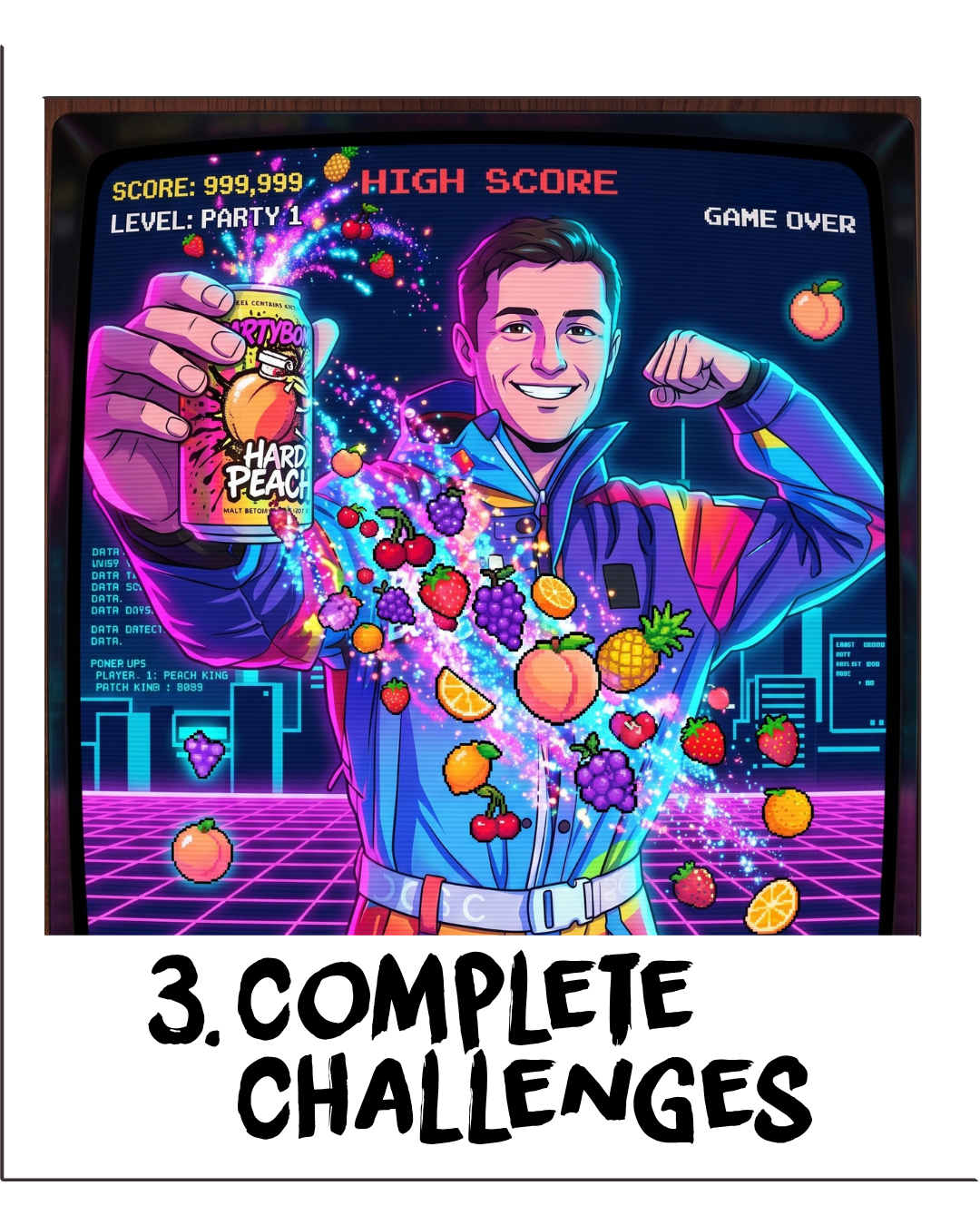 A stylized illustrated scene showing a person in a neon jacket holding a can labeled Hard Peach, surrounded by floating fruit and glowing effects, with text reading '4. COMPLETE CHALLENGES' below.