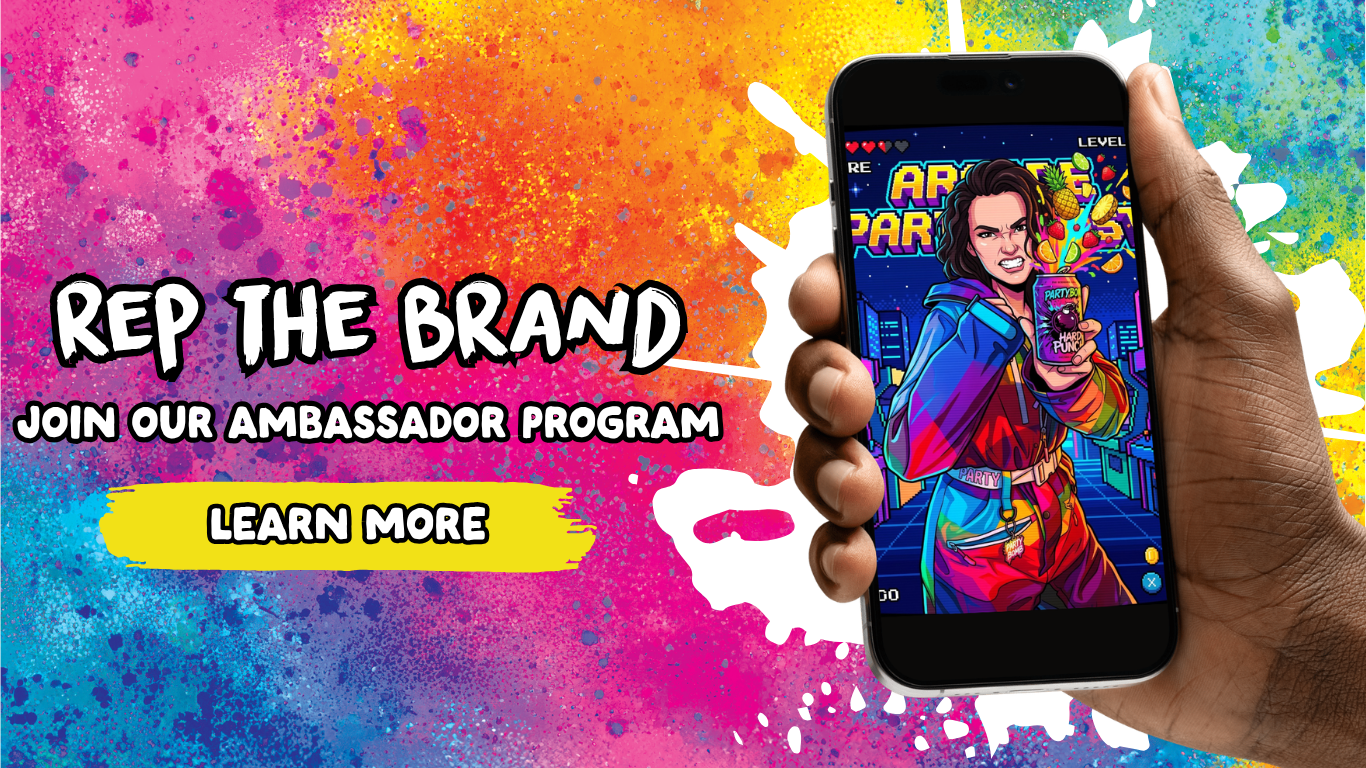 Banner with a hand holding a phone that has a action game on it and it says, "Rep the brand" with a learn more button to join the PARTYBOMB ambassador program